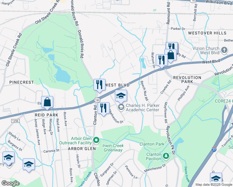 map of restaurants, bars, coffee shops, grocery stores, and more near 1918 West Boulevard in Charlotte