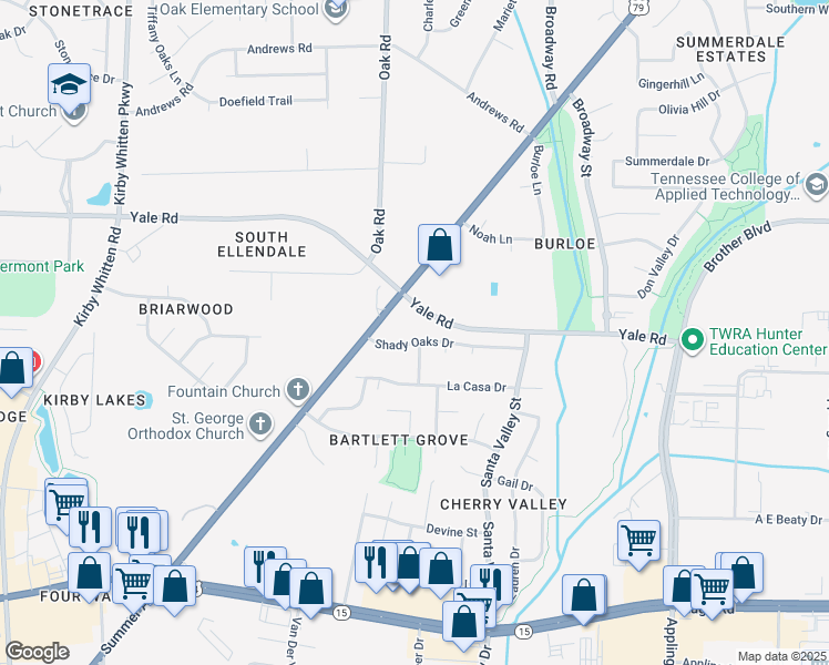 map of restaurants, bars, coffee shops, grocery stores, and more near Yale Road in Bartlett