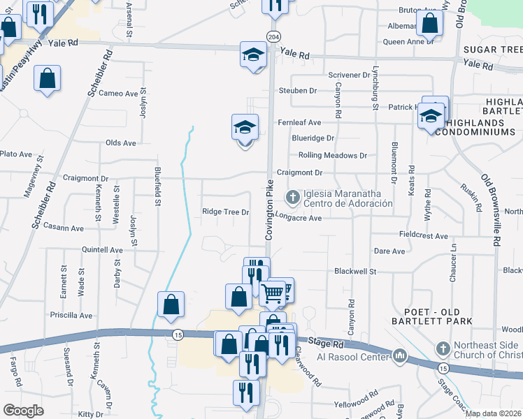 map of restaurants, bars, coffee shops, grocery stores, and more near 3239 Covington Pike in Memphis