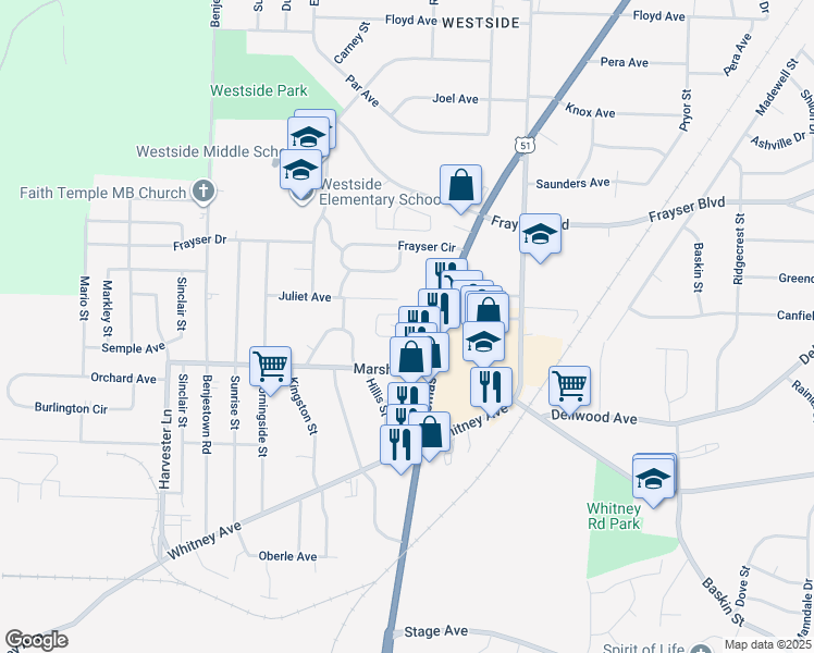 map of restaurants, bars, coffee shops, grocery stores, and more near 913 Juliet Avenue in Memphis