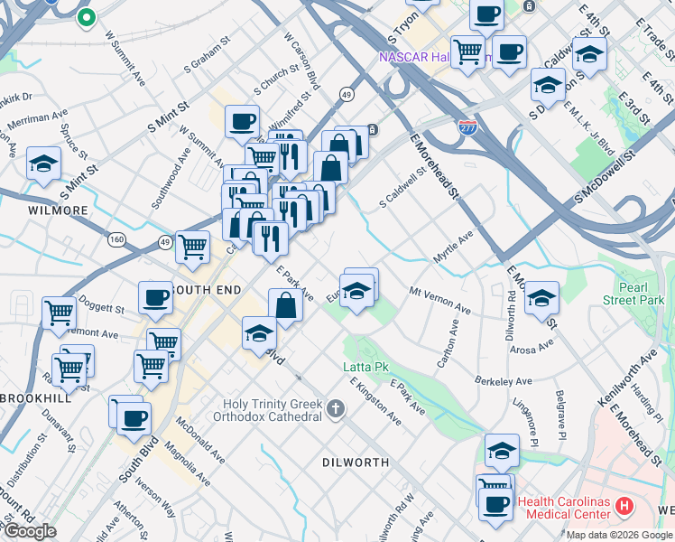 map of restaurants, bars, coffee shops, grocery stores, and more near 1432 Cleveland Avenue in Charlotte