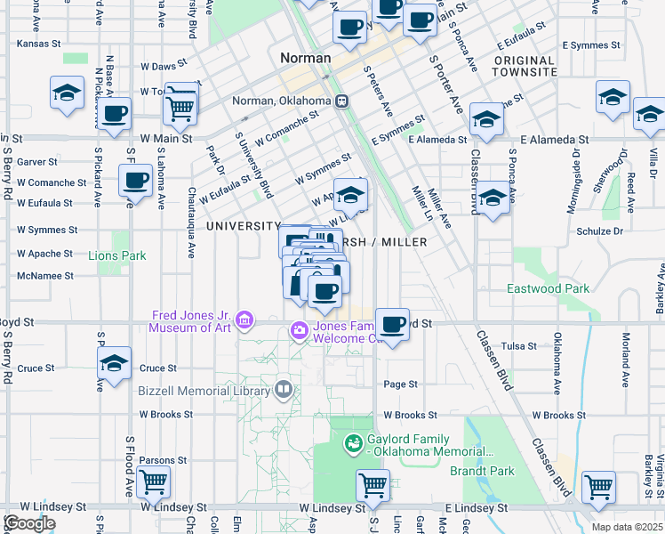 map of restaurants, bars, coffee shops, grocery stores, and more near 208 West Duffy Street in Norman