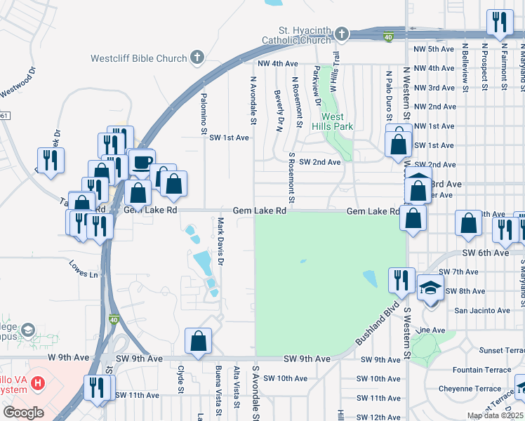 map of restaurants, bars, coffee shops, grocery stores, and more near 4579 Gem Lake Road in Amarillo