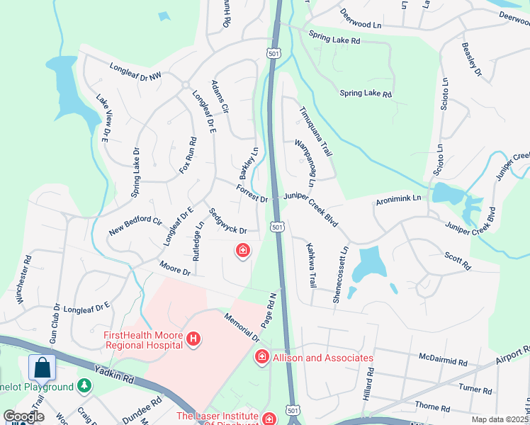 map of restaurants, bars, coffee shops, grocery stores, and more near 14 Asheville Way in Pinehurst