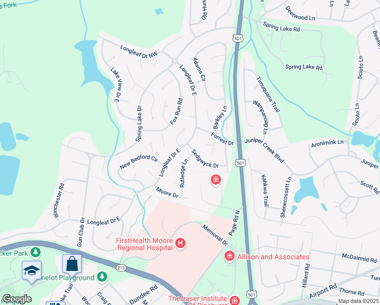 map of restaurants, bars, coffee shops, grocery stores, and more near 115 Rutledge Lane in Pinehurst