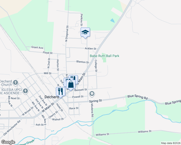 map of restaurants, bars, coffee shops, grocery stores, and more near 109 North Bratton Street in Decherd