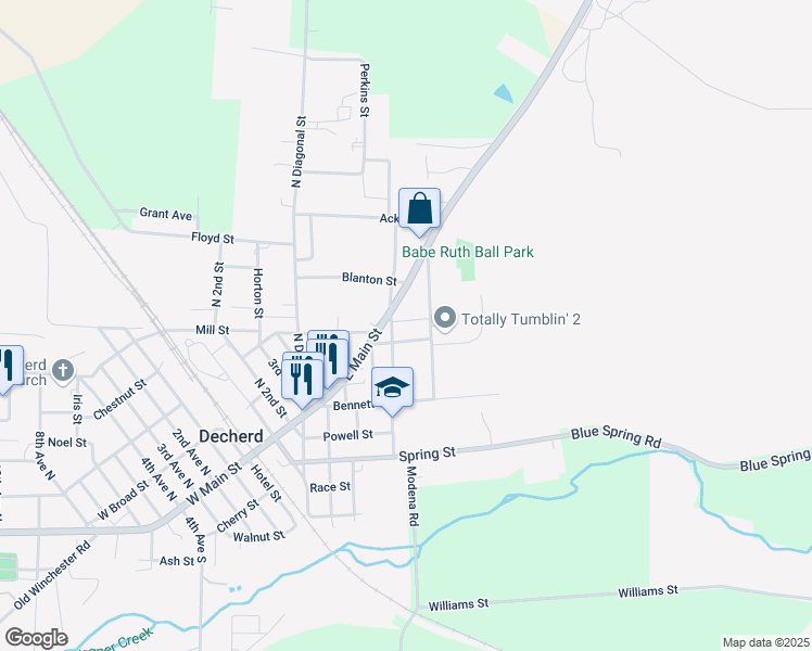 map of restaurants, bars, coffee shops, grocery stores, and more near 109 North Bratton Street in Decherd