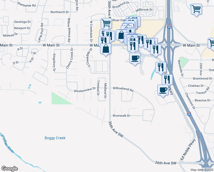 map of restaurants, bars, coffee shops, grocery stores, and more near 421 Midland Drive in Norman