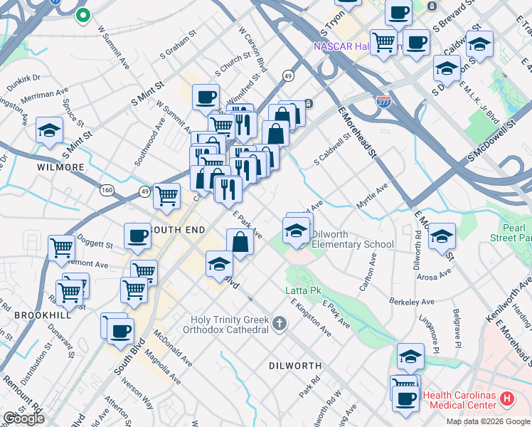 map of restaurants, bars, coffee shops, grocery stores, and more near 1432 Cleveland Avenue in Charlotte