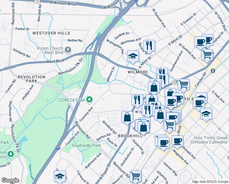 map of restaurants, bars, coffee shops, grocery stores, and more near 2033 Wilmore Drive in Charlotte