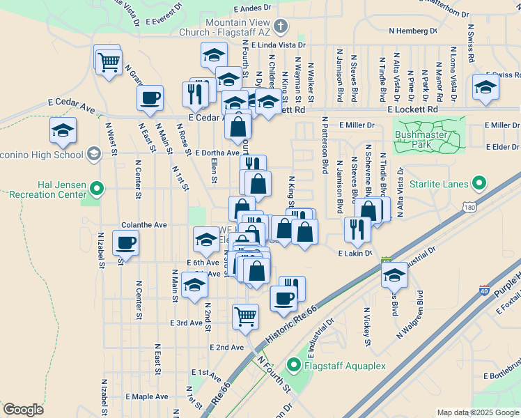 map of restaurants, bars, coffee shops, grocery stores, and more near 2625 North King Street in Flagstaff