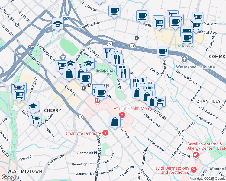 map of restaurants, bars, coffee shops, grocery stores, and more near 2101 Park Drive in Charlotte