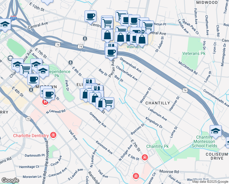 map of restaurants, bars, coffee shops, grocery stores, and more near 2101 East 9th Street in Charlotte