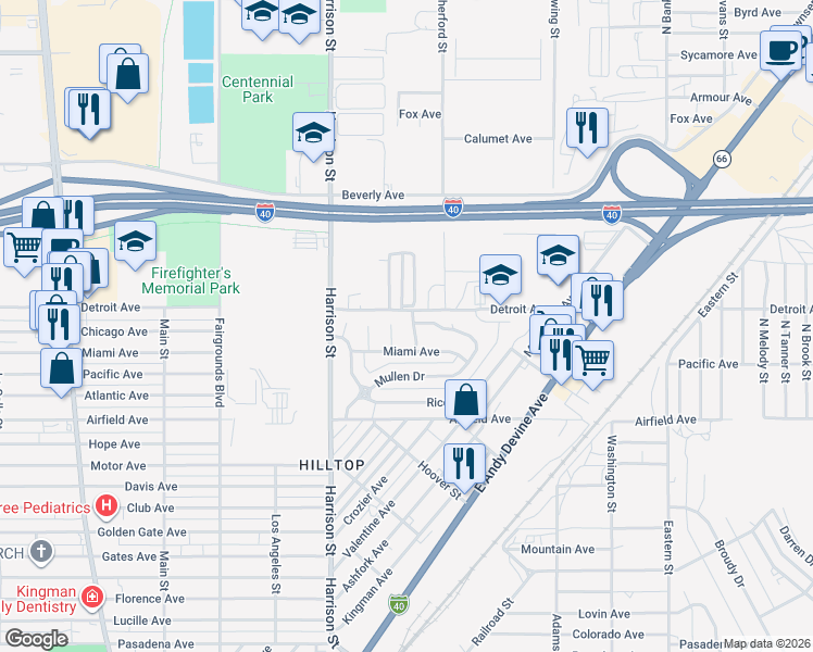 map of restaurants, bars, coffee shops, grocery stores, and more near 2923 Leo Street in Kingman