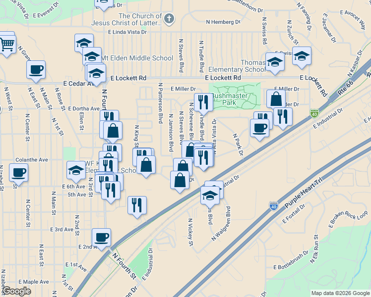 map of restaurants, bars, coffee shops, grocery stores, and more near 2829 North Schevene Boulevard in Flagstaff