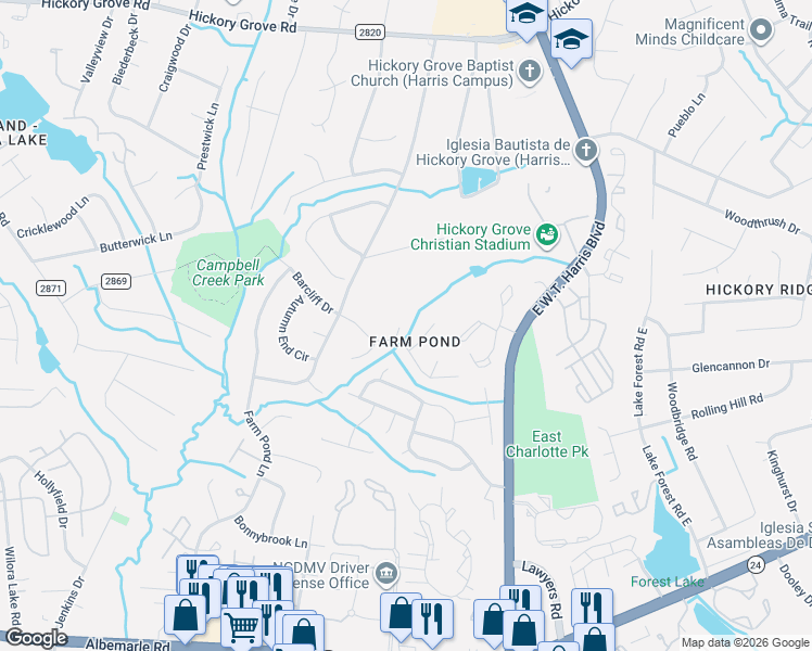 map of restaurants, bars, coffee shops, grocery stores, and more near 5301 Dawndeer Lane in Charlotte