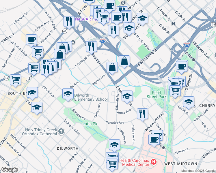 map of restaurants, bars, coffee shops, grocery stores, and more near in Charlotte