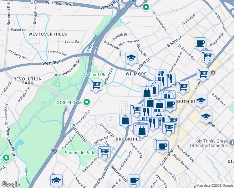 map of restaurants, bars, coffee shops, grocery stores, and more near 2001 Wood Dale Terrace in Charlotte
