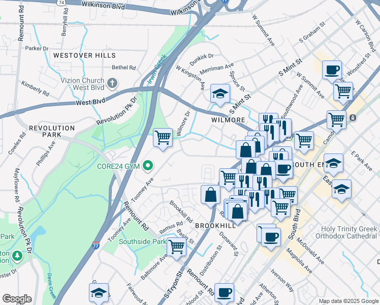 map of restaurants, bars, coffee shops, grocery stores, and more near in Charlotte