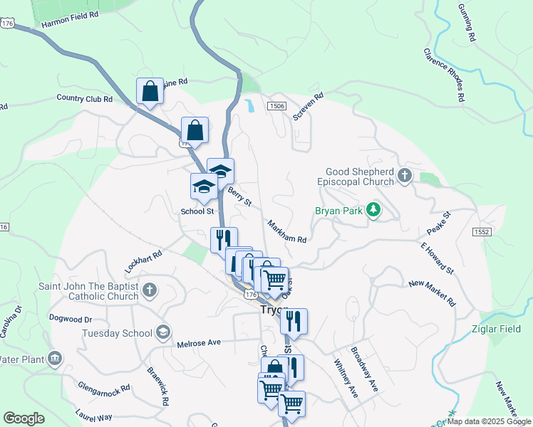 map of restaurants, bars, coffee shops, grocery stores, and more near 255 Grady Avenue in Tryon