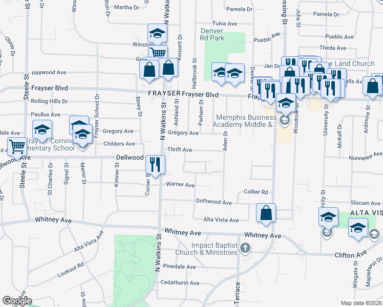 map of restaurants, bars, coffee shops, grocery stores, and more near 1872 Thrift Avenue in Memphis