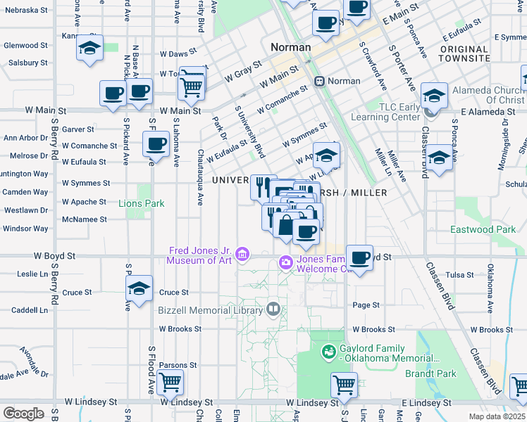 map of restaurants, bars, coffee shops, grocery stores, and more near 524-528 South University Boulevard in Norman