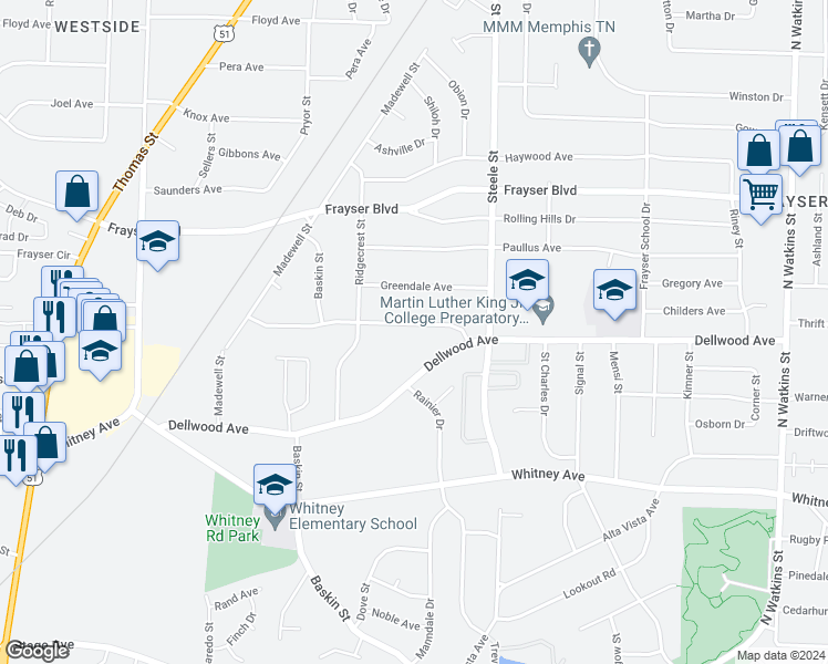 map of restaurants, bars, coffee shops, grocery stores, and more near 1375 Canfield Avenue in Memphis