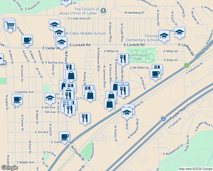 map of restaurants, bars, coffee shops, grocery stores, and more near 2820 North Jamison Boulevard in Flagstaff