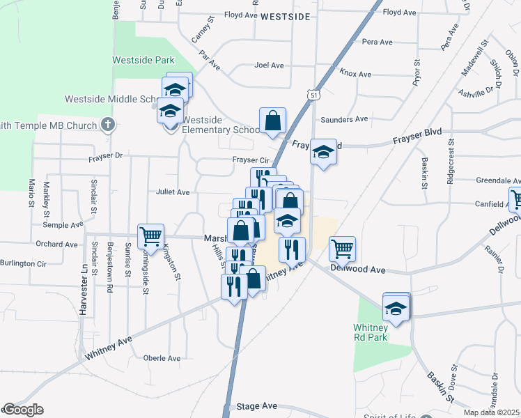 map of restaurants, bars, coffee shops, grocery stores, and more near 3221 Thomas Street in Memphis
