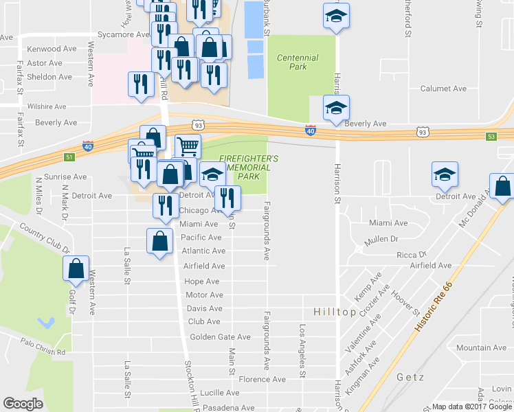 map of restaurants, bars, coffee shops, grocery stores, and more near 2035 Chicago Avenue in Kingman