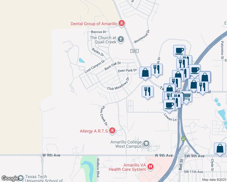 map of restaurants, bars, coffee shops, grocery stores, and more near 6804 Club Meadows Drive in Amarillo