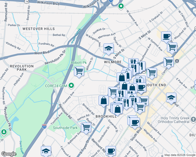map of restaurants, bars, coffee shops, grocery stores, and more near in Charlotte