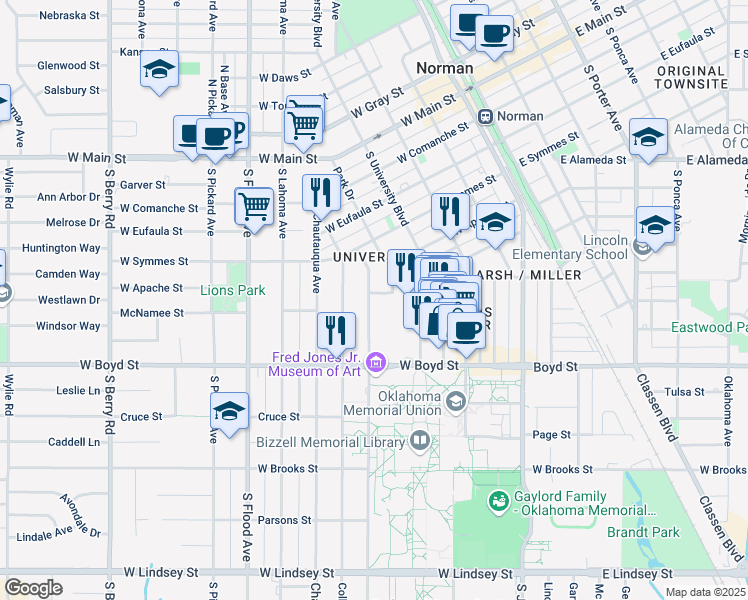 map of restaurants, bars, coffee shops, grocery stores, and more near 443 Elm Avenue in Norman