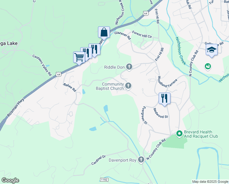 map of restaurants, bars, coffee shops, grocery stores, and more near 93 Frank Riddle Road in Brevard