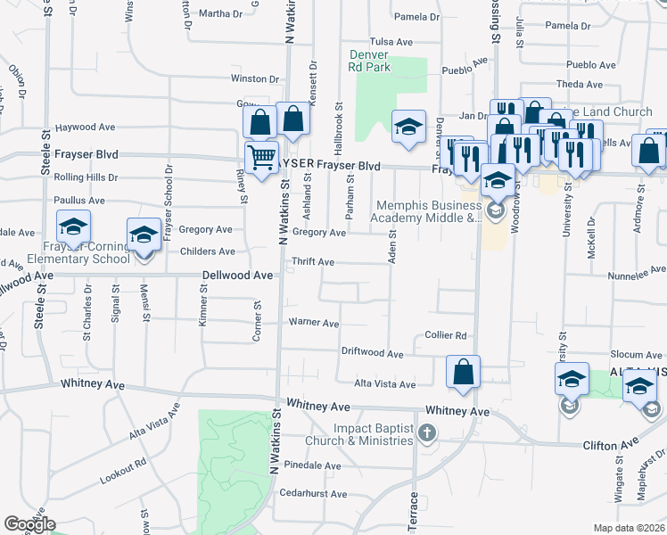 map of restaurants, bars, coffee shops, grocery stores, and more near 1872 Thrift Avenue in Memphis