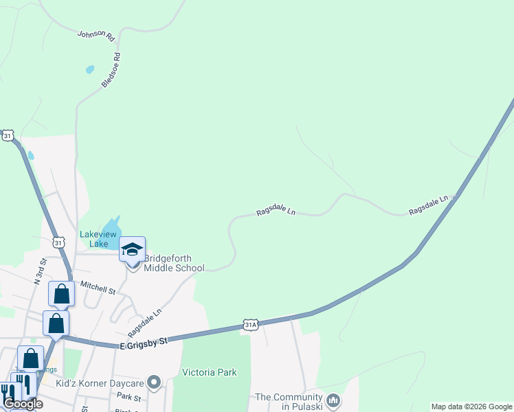 map of restaurants, bars, coffee shops, grocery stores, and more near 1400 Ragsdale Lane in Pulaski