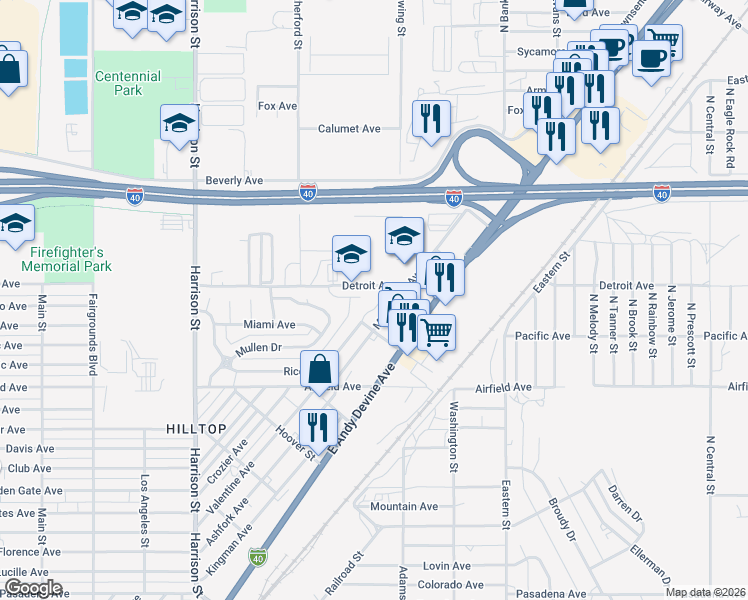 map of restaurants, bars, coffee shops, grocery stores, and more near 2845-2999 Detroit Ave in Kingman