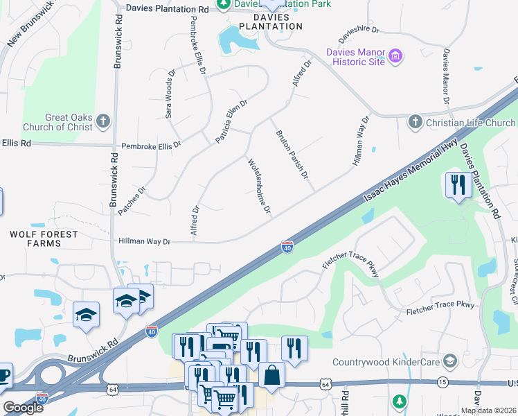 map of restaurants, bars, coffee shops, grocery stores, and more near 3237 Wolstenholme Drive in Memphis