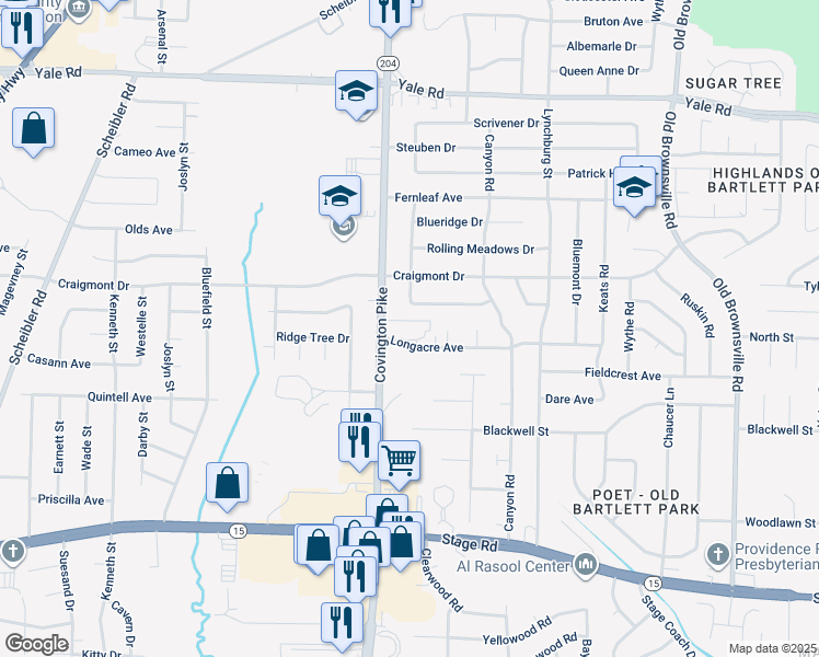 map of restaurants, bars, coffee shops, grocery stores, and more near 5095 Rolling Fields Drive in Memphis