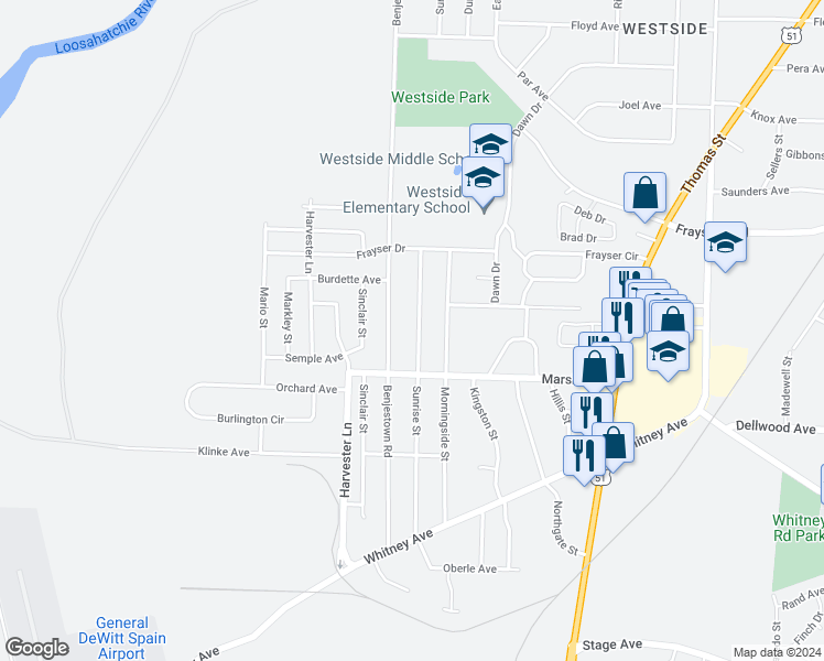map of restaurants, bars, coffee shops, grocery stores, and more near 3219 Sunrise Street in Memphis