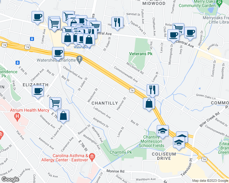 map of restaurants, bars, coffee shops, grocery stores, and more near 2406 Shenandoah Avenue in Charlotte