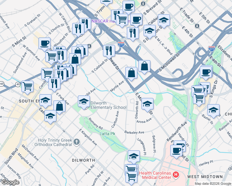 map of restaurants, bars, coffee shops, grocery stores, and more near 1121 Myrtle Avenue in Charlotte