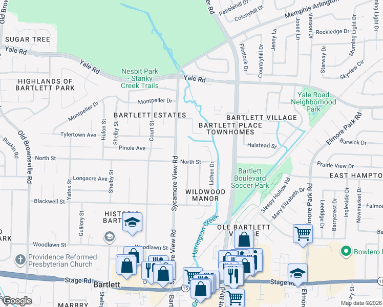 map of restaurants, bars, coffee shops, grocery stores, and more near 3216 Teaberry Lane in Bartlett