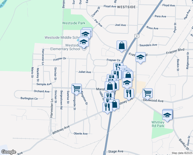 map of restaurants, bars, coffee shops, grocery stores, and more near 837 Juliet Avenue in Memphis