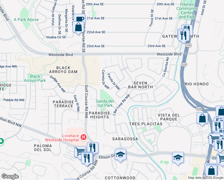 map of restaurants, bars, coffee shops, grocery stores, and more near 4400 Woodrose Road Northwest in Albuquerque