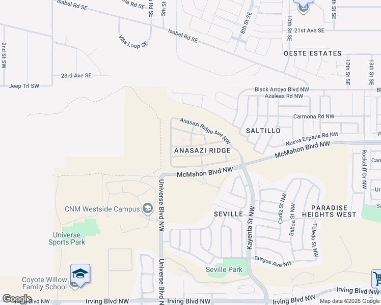 map of restaurants, bars, coffee shops, grocery stores, and more near 6541 Ancients Road Northwest in Albuquerque