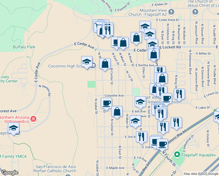 map of restaurants, bars, coffee shops, grocery stores, and more near 2608 North West Street in Flagstaff