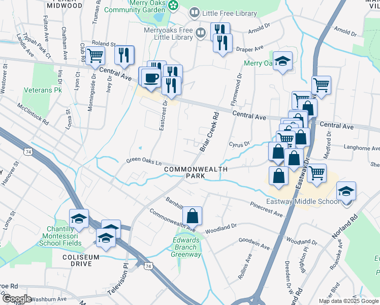 map of restaurants, bars, coffee shops, grocery stores, and more near 1427 Briar Creek Road in Charlotte