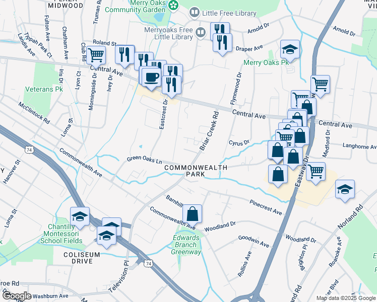 map of restaurants, bars, coffee shops, grocery stores, and more near 1427 Briar Creek Road in Charlotte