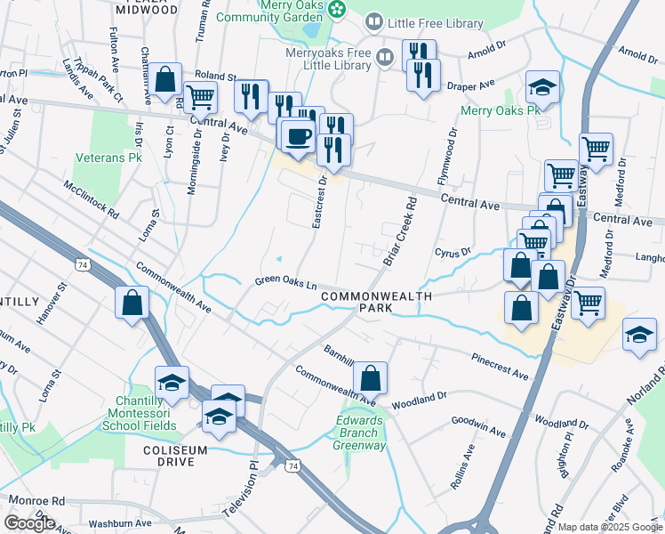 map of restaurants, bars, coffee shops, grocery stores, and more near 1500 Eastcrest Drive in Charlotte